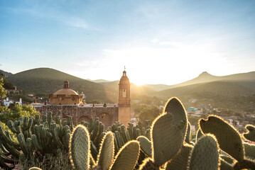 View of San Pedro hill at sunrise in San Luis Potosi, old town like Real de Catorce, Mexico (Cerro...