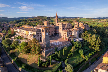 drone top view footage of Castelvetro di Modena ancient village old church and historical buildings...