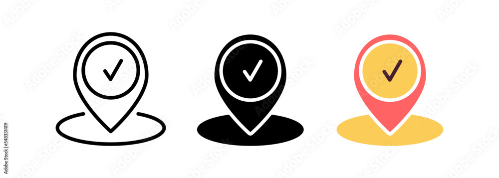 Poster location, pointer pin with check mark outline icon. vector illustration. editable stroke. isolated i