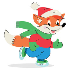 A smiling fox with a New Year's hat is skating. Winter illustration. Cartoon character.
