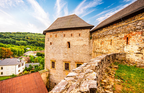 Castle Sovinec, Eulenburg, robust medieval fortress, one of the largest in Moravia, Czech republic. landscape with medieval castle on a rocky hill above a forest valley