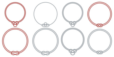 Set of round rope frames isolated on white background. Twisted cord.