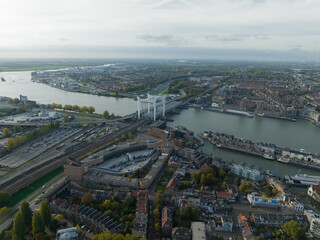 The Spoorbrug Dordrecht also called Zwijndrechtse Brug railway bridge between Dordrecht and Zwijndrecht, in the Dutch province of South Holland. Next to Stadsbrug road bridge. Aerial