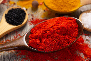 Variety of spices in spoon at table background. Cooking concept and ingredients on kitchen