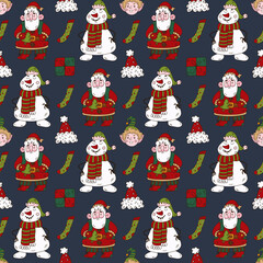 Christmas doodle seamless pattern with snowman, Santa Claus, elf gift and Santa's hat