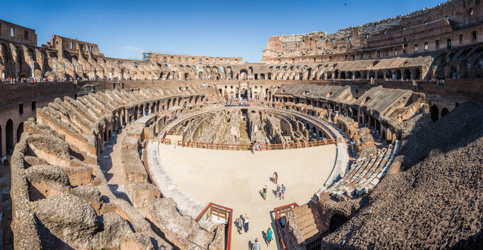 Rome Italy June 29th 2015 : Panoramic view inside the Colosseum, also known as the Flavian amphitheatre in Rome, Italy