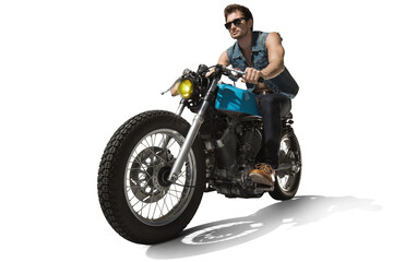 Fototapeta na wymiar Man seat on the motorcycle on the transparent background. 