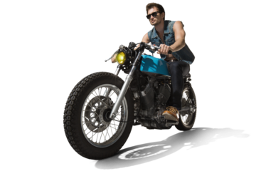 Man seat on the motorcycle on the transparent background.	