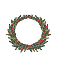 Christmas wreath. Watercolor hand drawn illustration for icons, banners, cards, decor.