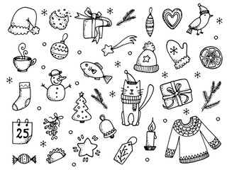 Set of Christmas design elements in doodle style black and white - obrazy, fototapety, plakaty