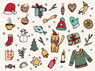 Set of Christmas design elements in doodle style color - obrazy, fototapety, plakaty