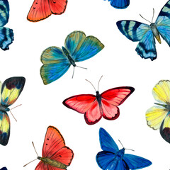 Multi-colored butterflies painted in watercolor, collected in a pattern. Seamless background of watercolor butterflies for wallpapers, textiles, wrapping paper, postcards.