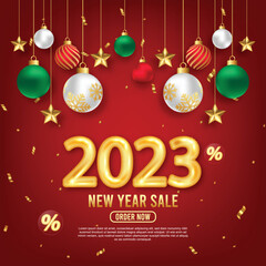 2023 New year sale social media post or promotional Template with christmas decoration