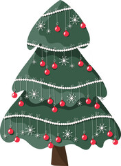 Decorated Christmas tree. Isolated illustration of fir tree with garlands with red balls and snowflakes.