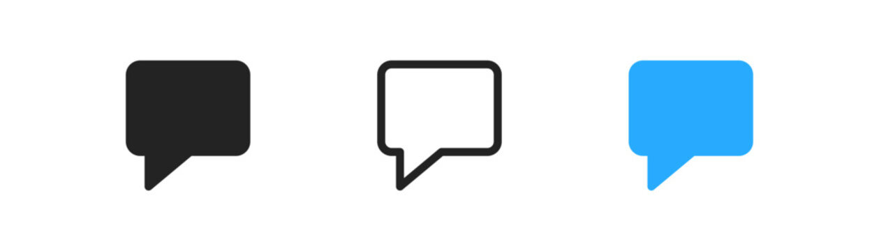 Message icon on white background. Square empty speech bubbble. Chatting online, forum symbol. Blue colored SMS sign. Dialogue baloon, talk pictogram. Simple flat design.