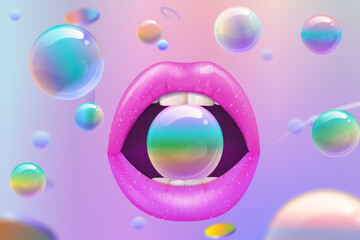mouth, tongue, marbles, ball, illustration, bubble, bubbles, vector, circle, design, rainbow, shiny, sphere, round, blowing, foam, liquid, reflection, light, fantasy, art, pink, abstract, color, backg