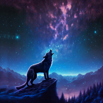 Colorful galaxy and wolf illustration