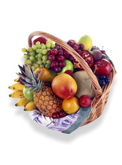 basket with various fruits seen from above on white background
