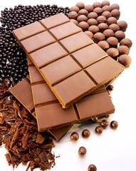 chocolate in bars and other various shapes on white background