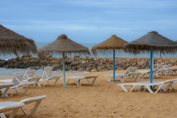 Beautiful sandy beach in Quarteira, Algarve, southern Portugal at the end of the day