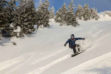 Fototapeta na wymiar An active man rides on a snowboard freeriding on a snowy slope in a backcountry alpine terrain in the Carpathians mountains