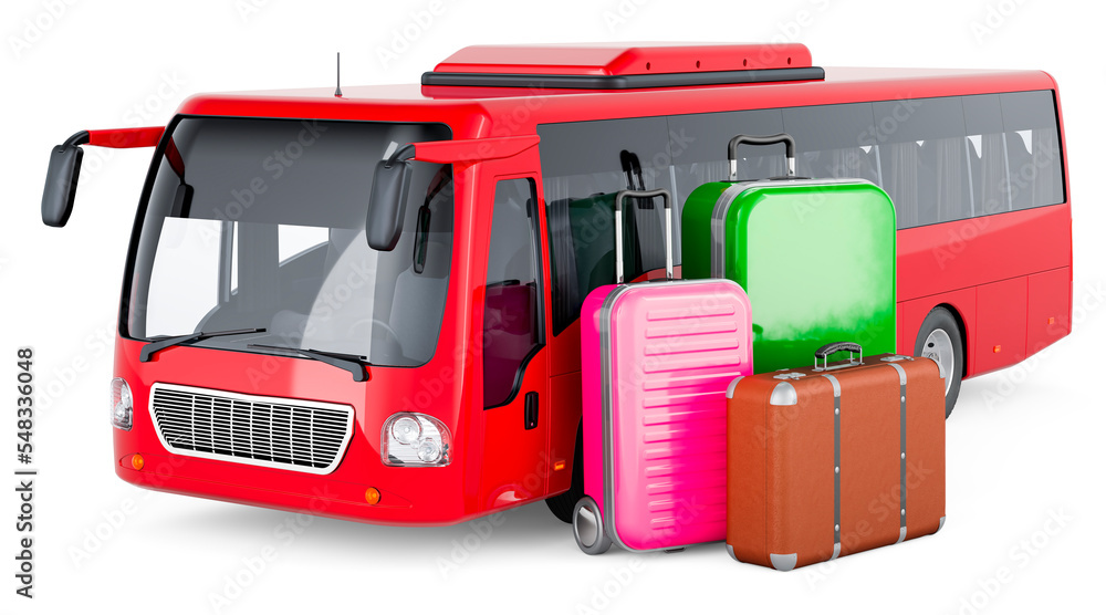 Poster bus with suitcases. bus travel concept. 3d rendering