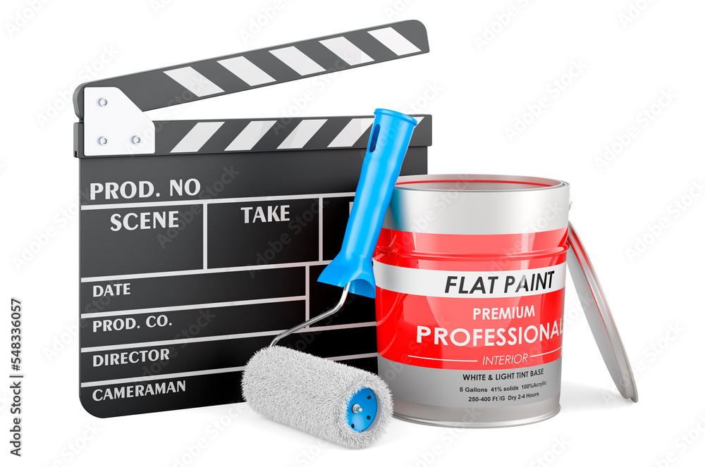 Poster can with paint and roller brush with clapperboard, 3d rendering