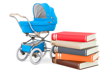 Fototapeta na wymiar Baby carriage with books. Books about Motherhood, concept, 3D rendering