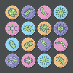 Germs and Bacteria circle Icon Set - vector illustration - orange, green, blue and yellow