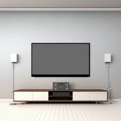 Realistic of empty room with plasma tv on flat gray wall, home theater system