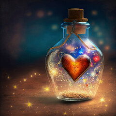 illustration of a beautiful gloomy heart in a round glass bottle on wooden table, stars around