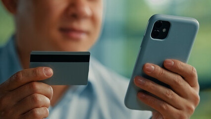 Male customer adult asian man japanese korean buyer businessman paying online in mobile banking app using credit bank card for electronic money transfer safe payments modern tech buying distantly easy