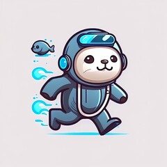 Cute diver walking with seals cartoon 2d illustrated icon illustration. science animal icon concept isolated