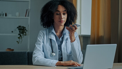 African American ethnic doctor woman therapist record online voice message audio medical...