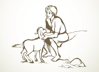 Shepherd with sheep. Vector drawing