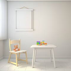 Table and armchair in white child room interior with copy space