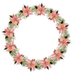 Christmas wreath with pine branches and poinsettia flowers