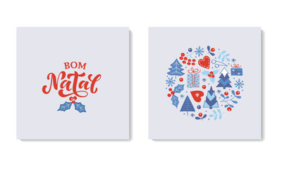 Feliz Bom Natal text meaning Merry Christmas in Portuguese, set of two greeting cards with holidays symbols drawing in doodle style. Hand lettering typography. Modern brush calligraphy 