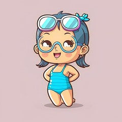 Cute kid girl in swimming costume character cartoon logo hand drawn art illustration
