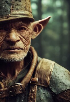 A fantasy elderly elf man in the woods. Elven clothes, sharp elven ears, mystical forest. 3d rendering