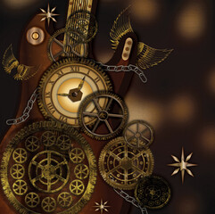 This mysterious Steampunk design is loaded with gears, a guitar, and a clock making for an exciting image.