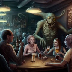 Nightmare monsters at the bar having fun. Scary horrifying monsters drinking alcohol in a cozy bar and laughing