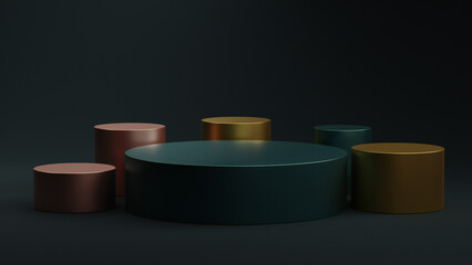 Minimal scene with podiums and backdrop. Pastel and metallic colors. Trendy 3d render for social media banners, promotion, and cosmetic product shows. Geometric shapes interior.