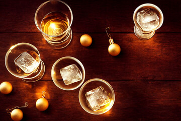 Glass of whiskey on dark wooden table, festive lights in the background, ice cubes - obrazy, fototapety, plakaty