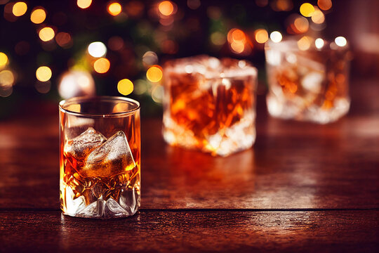 Glass of whiskey on dark wooden table, festive lights in the background, ice cubes