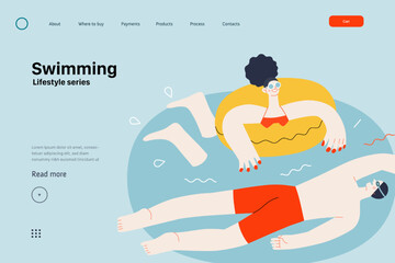 Lifestyle website template - Swimming - modern flat vector illustration of a man and a woman swimming in the pool. People activities concept