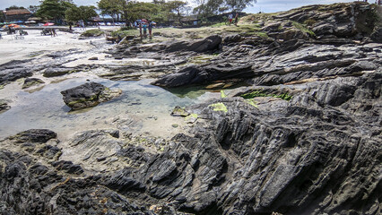 Vista de cima do forte da Praia do Forte, muitas rochas e o mar em volta.
