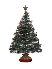 Christmas tree decorated with tinsel, baubels and a star on top. Isolated 3D rendering.