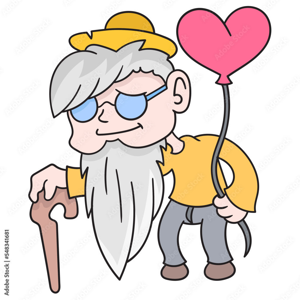 Sticker Vector illustration of an old man cartoon character waiting for his love