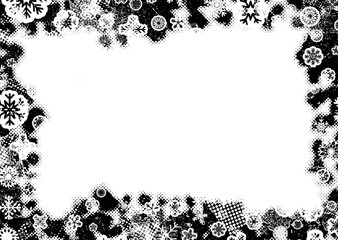 Grunge frame with snowflakes. Useful for social media, banners, Christmas cards, brochures, templates. Overlay texture made with snow flakes and halftone dots. Vector